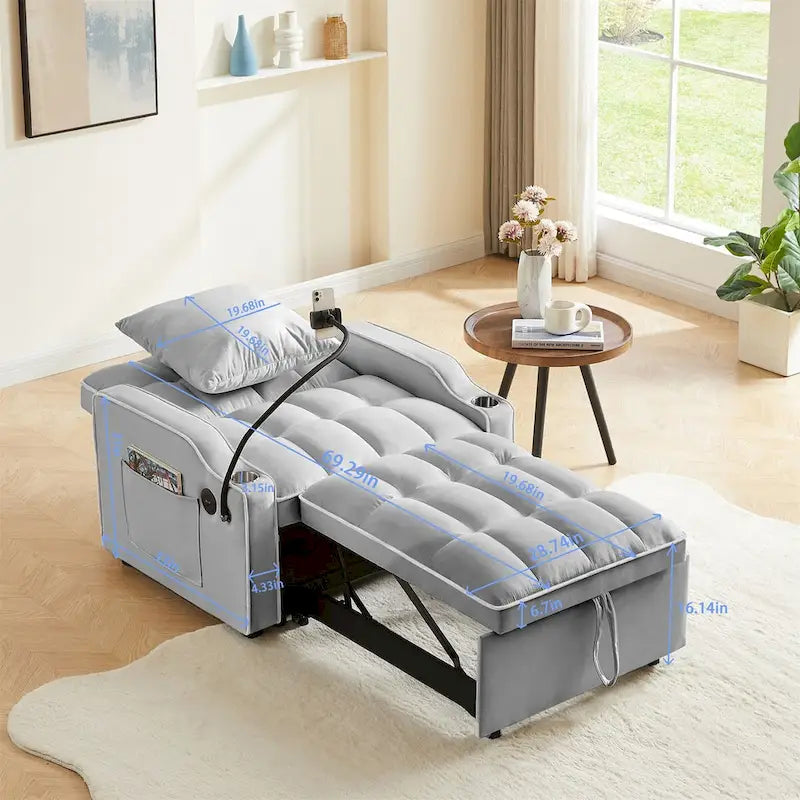 Grey / Beige Convertible Sleeper Chair Bed, 3-Position Recliner, Single