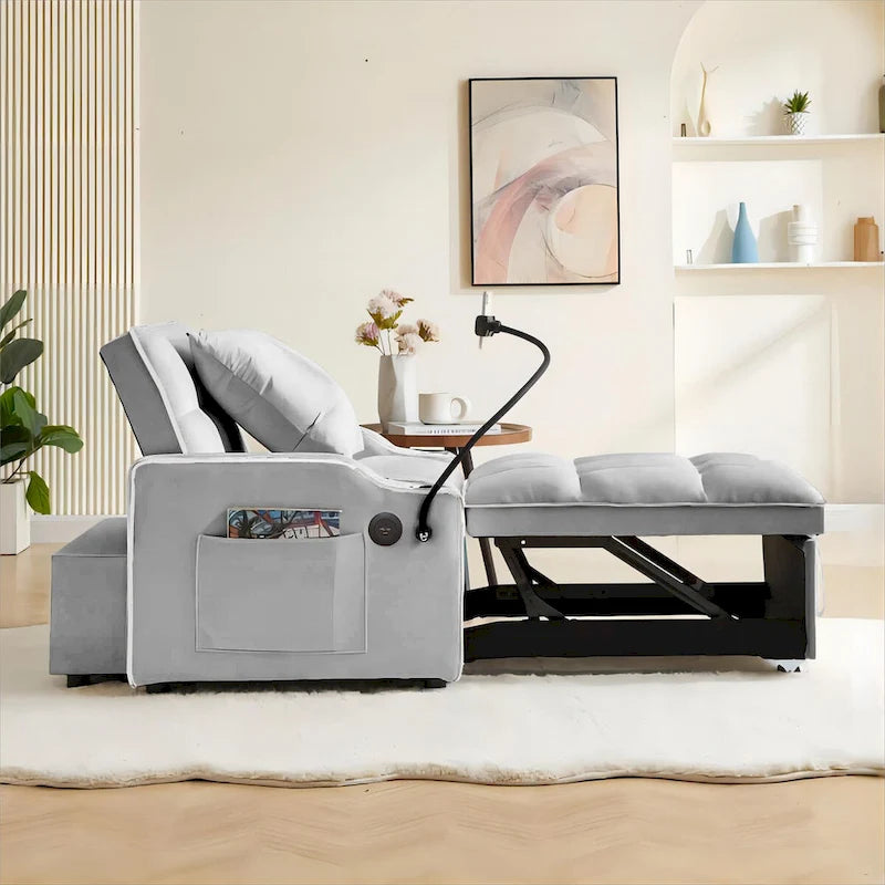 Grey / Beige Convertible Sleeper Chair Bed, 3-Position Recliner, Single