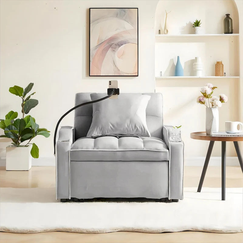 Grey / Beige Convertible Sleeper Chair Bed, 3-Position Recliner, Single