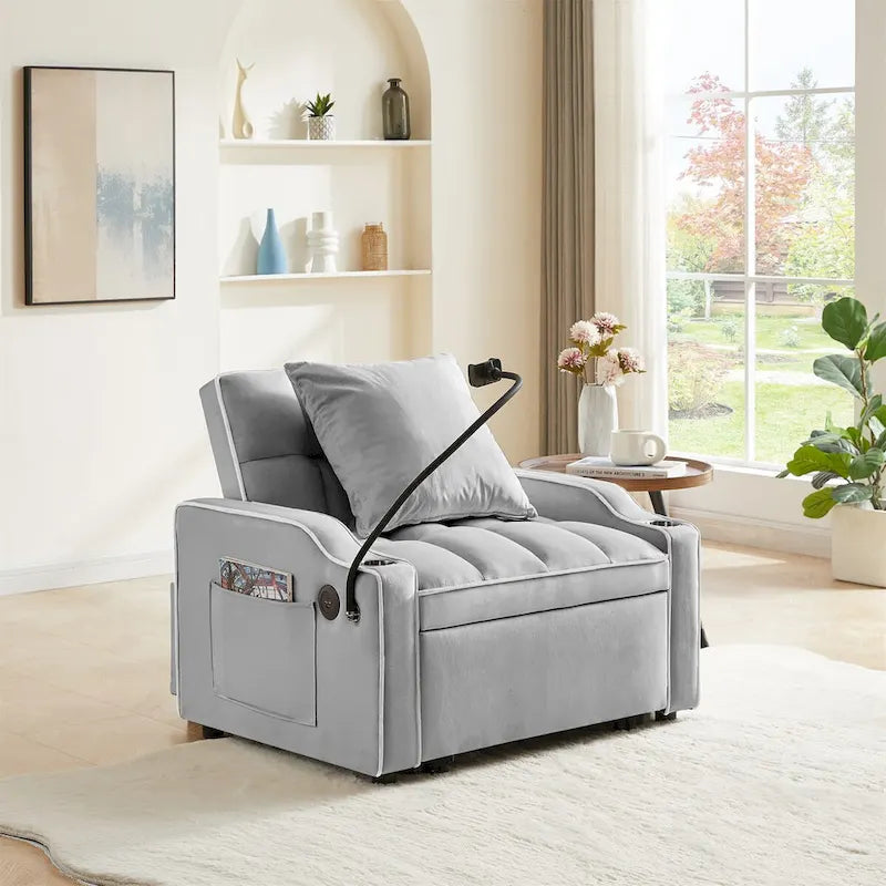 Grey / Beige Convertible Sleeper Chair Bed, 3-Position Recliner, Single