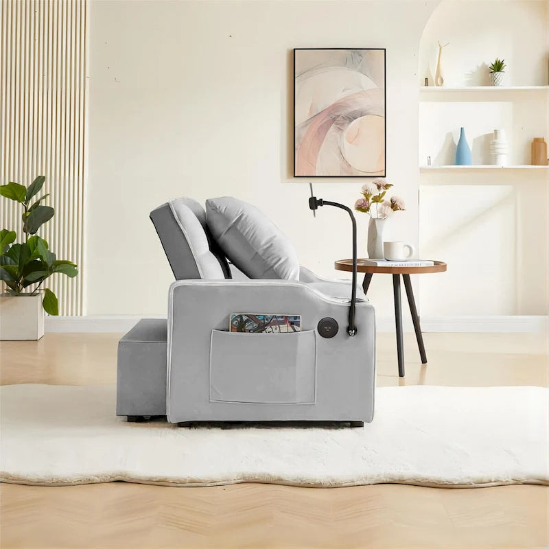 Grey / Beige Convertible Sleeper Chair Bed, 3-Position Recliner, Single