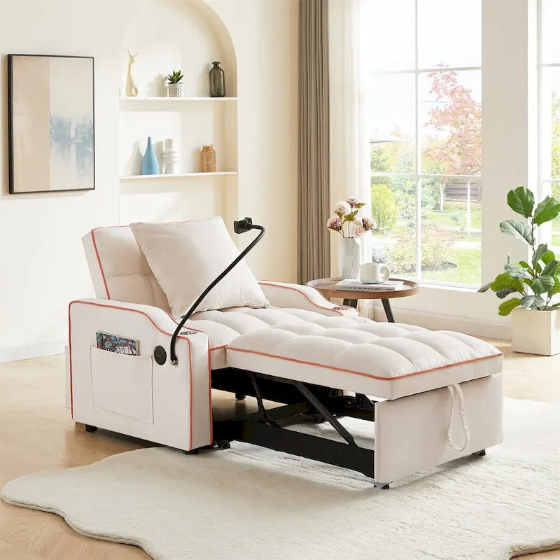 Grey / Beige Convertible Sleeper Chair Bed, 3-Position Recliner, Single