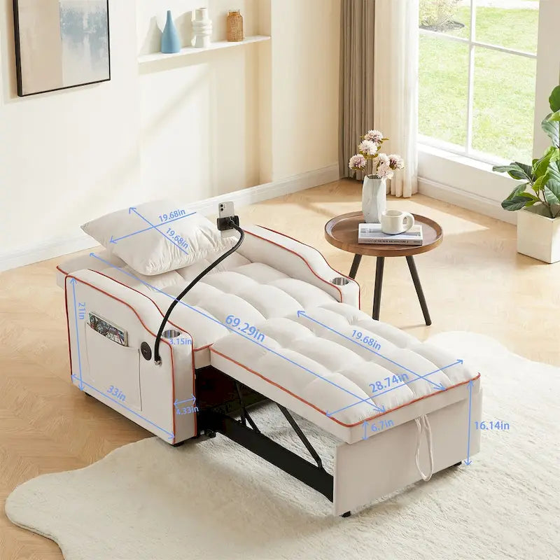 Grey / Beige Convertible Sleeper Chair Bed, 3-Position Recliner, Single