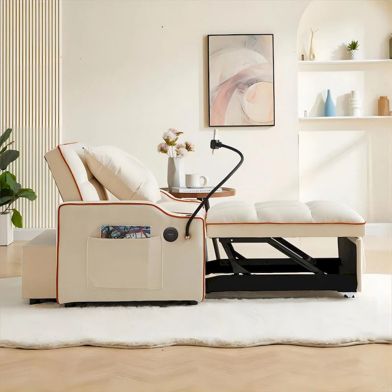 Grey / Beige Convertible Sleeper Chair Bed, 3-Position Recliner, Single