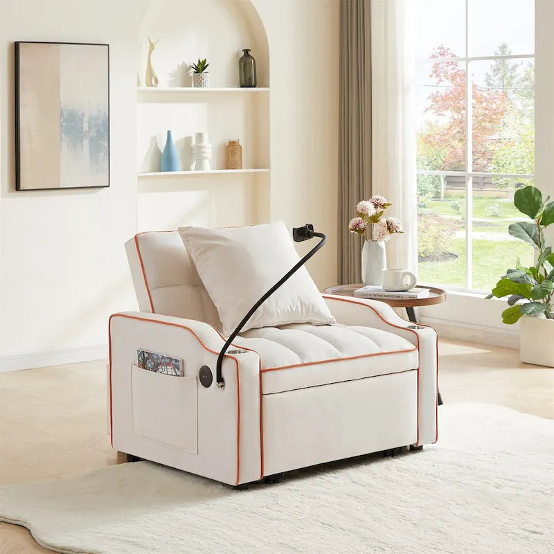 Grey / Beige Convertible Sleeper Chair Bed, 3-Position Recliner, Single