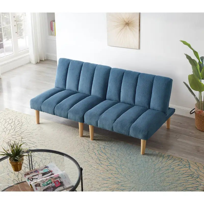 Corduroy Fabric, Wooden Legs Convertible Sofa Bed (Color:Blue)