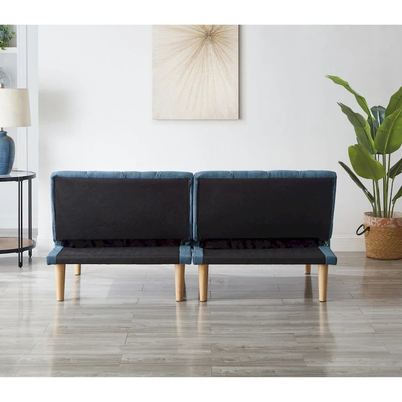 Corduroy Fabric, Wooden Legs Convertible Sofa Bed (Color:Blue)
