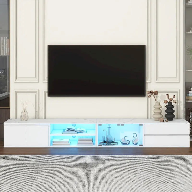 LED TV Stand for TVs Up to 105,Media Console with Tempered Glass Doors, Entertainment Center with 2 Drawers & Cabinets