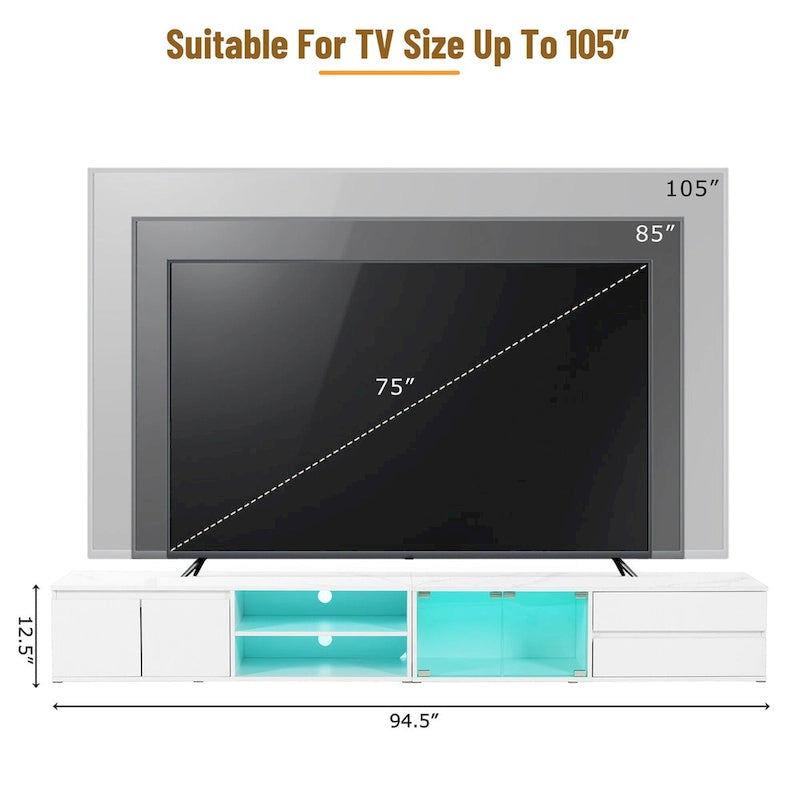LED TV Stand for TVs Up to 105,Media Console with Tempered Glass Doors, Entertainment Center with 2 Drawers & Cabinets
