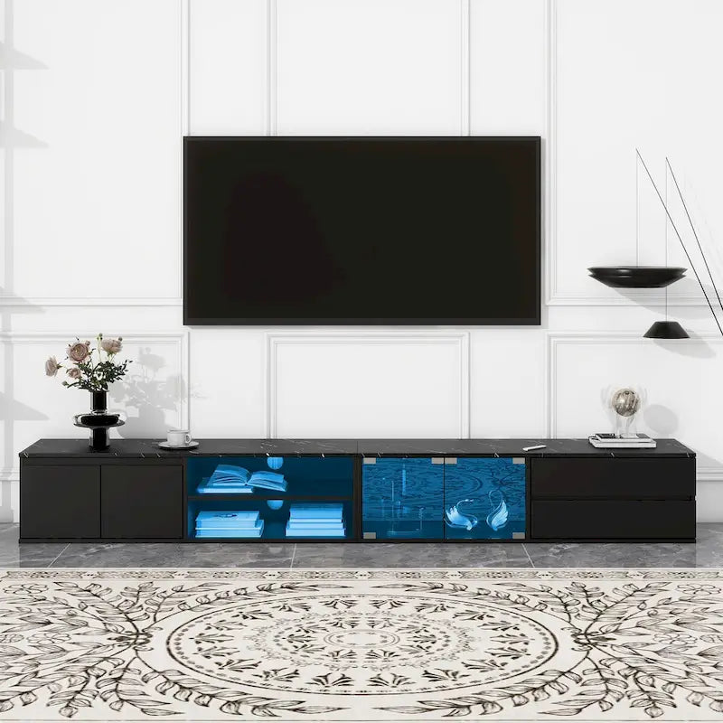 LED TV Stand for TVs Up to 105,Media Console with Tempered Glass Doors, Entertainment Center with 2 Drawers & Cabinets