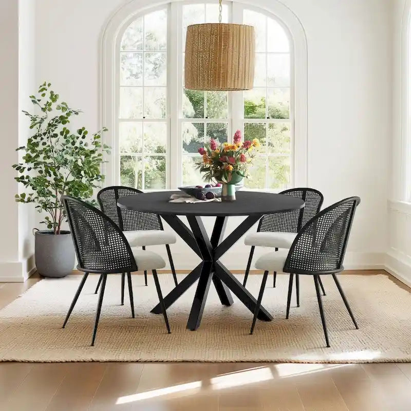 White/Black High Back Rattan Boucle Dining Chair, Set of 4