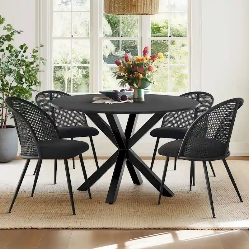 White/Black High Back Rattan Boucle Dining Chair, Set of 4