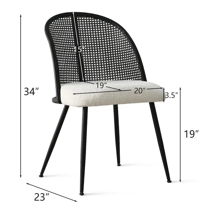 White/Black High Back Rattan Boucle Dining Chair, Set of 4