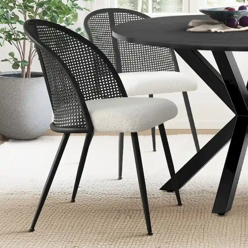 White/Black High Back Rattan Boucle Dining Chair, Set of 4