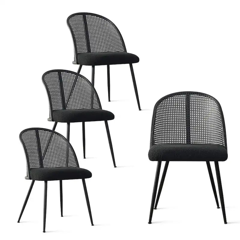White/Black High Back Rattan Boucle Dining Chair, Set of 4