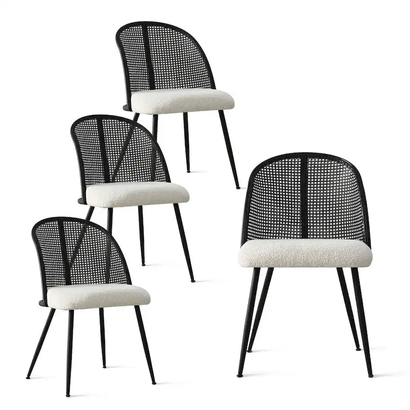 White/Black High Back Rattan Boucle Dining Chair, Set of 4