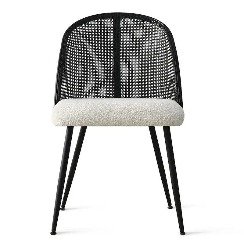 White/Black High Back Rattan Boucle Dining Chair, Set of 4