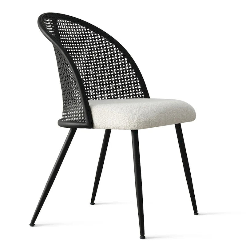White/Black High Back Rattan Boucle Dining Chair, Set of 4
