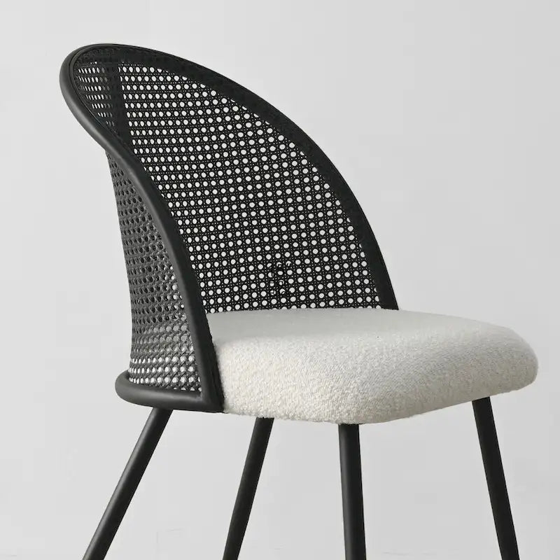 White/Black High Back Rattan Boucle Dining Chair, Set of 4