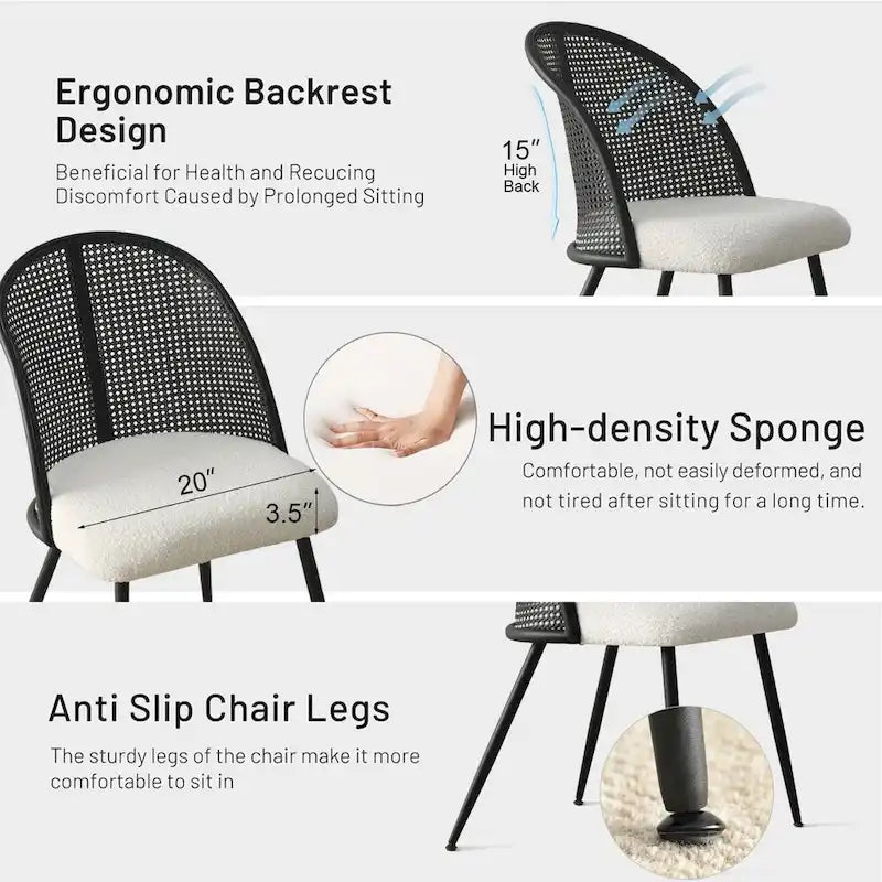 White/Black High Back Rattan Boucle Dining Chair, Set of 4