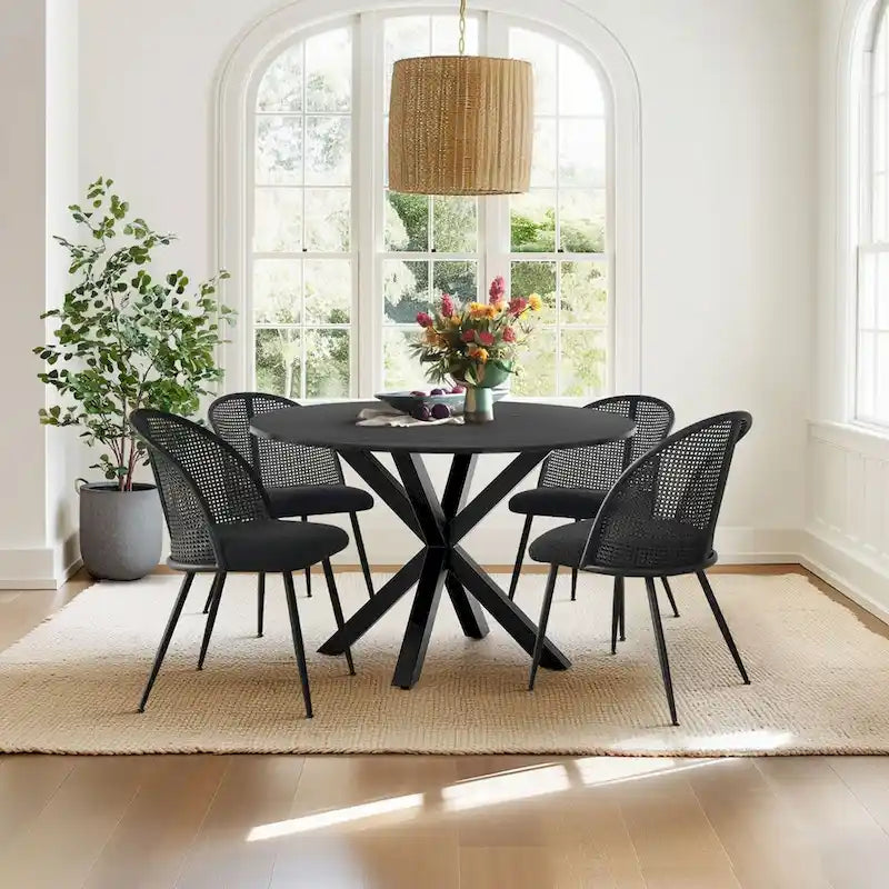 White/Black High Back Rattan Boucle Dining Chair, Set of 4