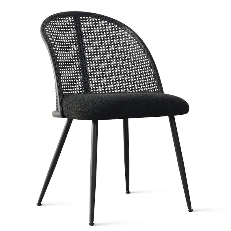 White/Black High Back Rattan Boucle Dining Chair, Set of 4