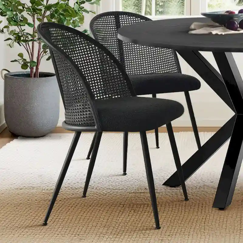 White/Black High Back Rattan Boucle Dining Chair, Set of 4