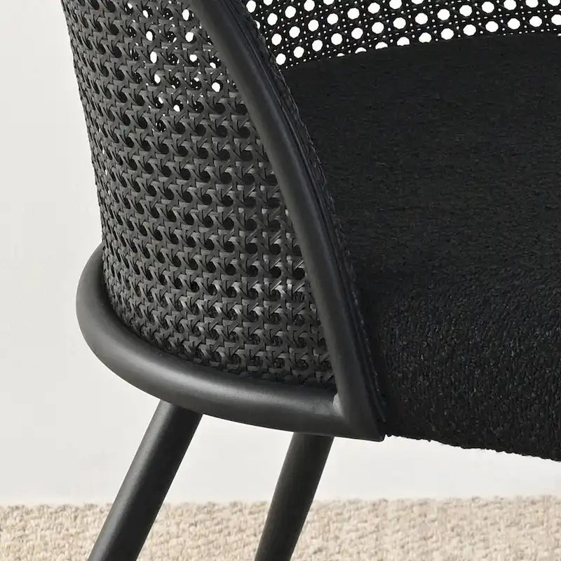 White/Black High Back Rattan Boucle Dining Chair, Set of 4