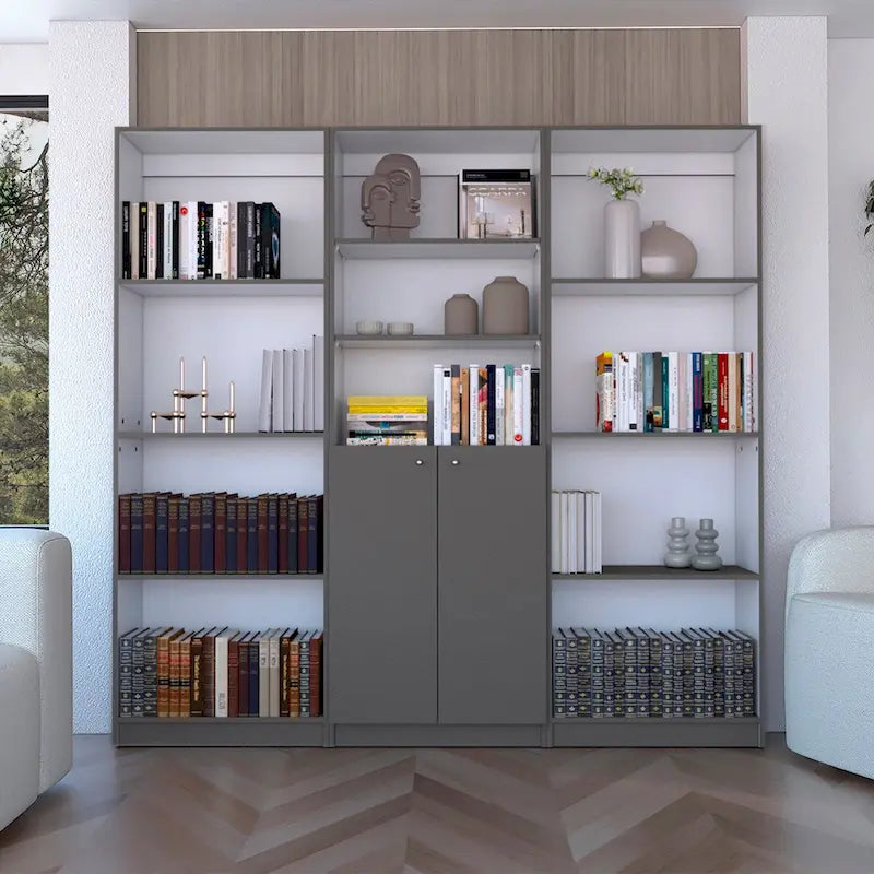 3-Piece Bookcase Set, 74" Wide, 5 Shelves + Cabinet, Multi / Beige / Black / White