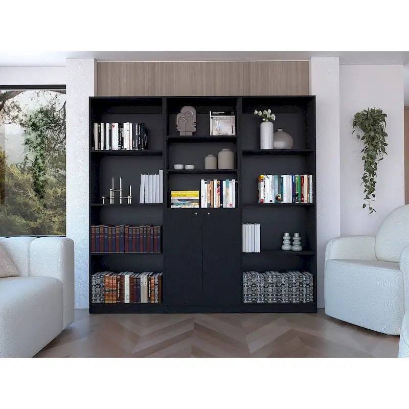 3-Piece Bookcase Set, 74" Wide, 5 Shelves + Cabinet, Multi / Beige / Black / White