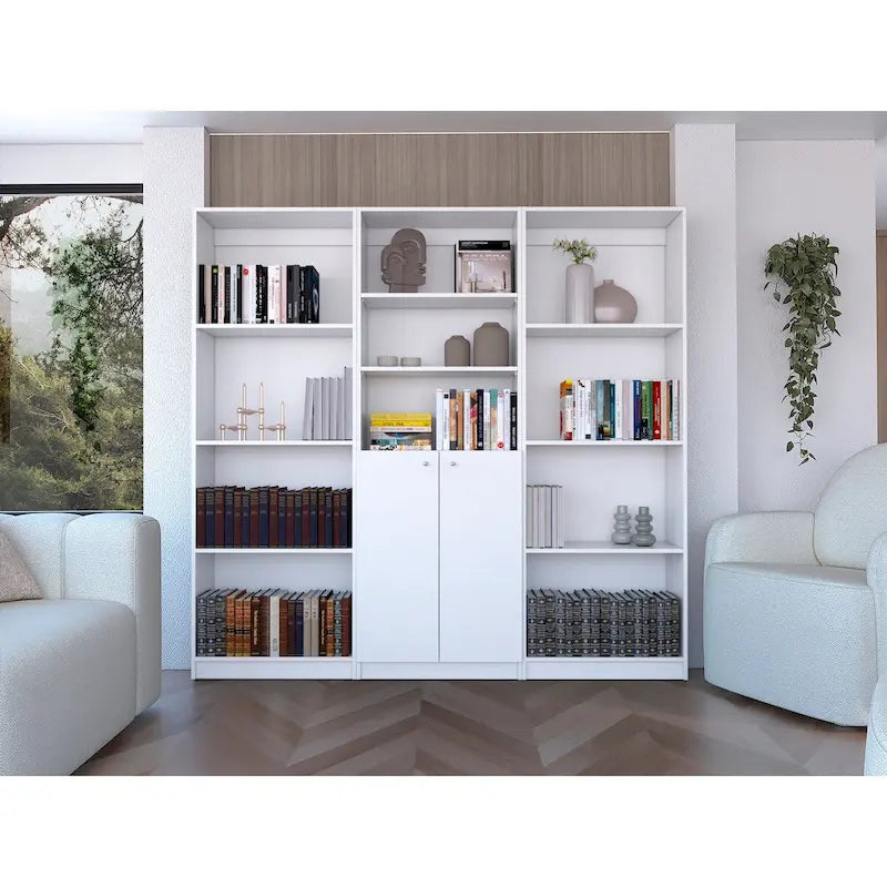 3-Piece Bookcase Set, 74" Wide, 5 Shelves + Cabinet, Multi / Beige / Black / White