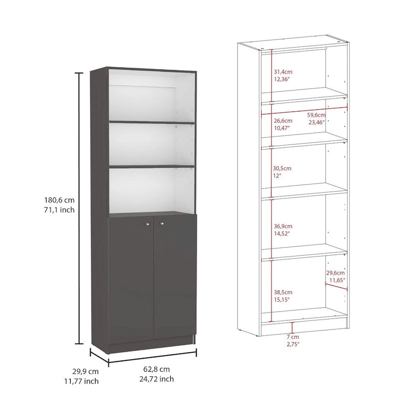 3-Piece Bookcase Set, 74" Wide, 5 Shelves + Cabinet, Multi / Beige / Black / White