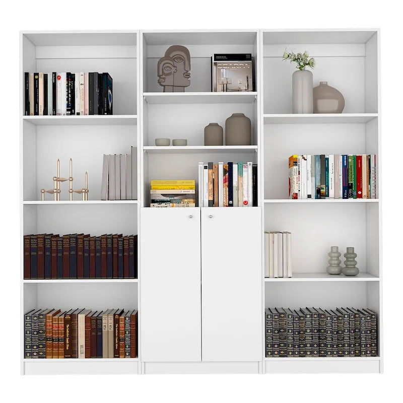 3-Piece Bookcase Set, 74" Wide, 5 Shelves + Cabinet, Multi / Beige / Black / White