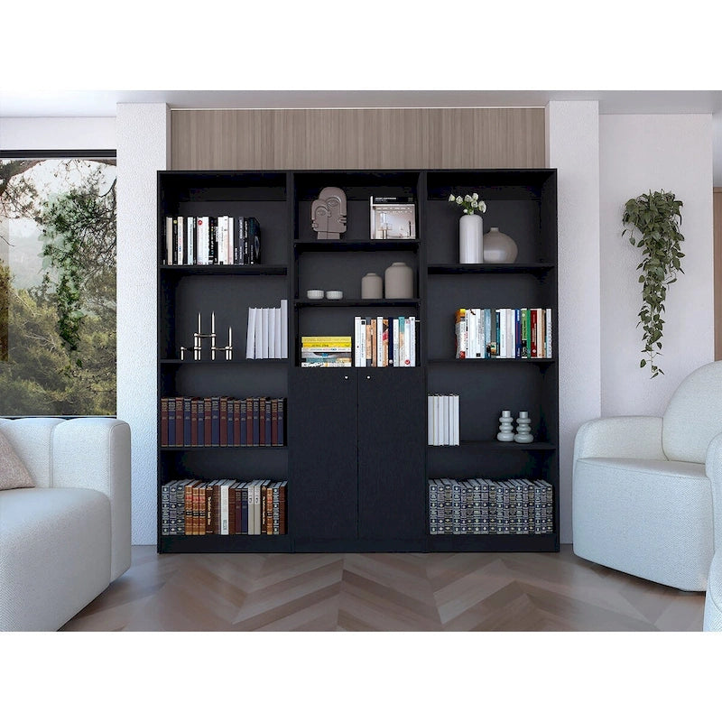 3-Piece Bookcase Set, 74" Wide, 5 Shelves + Cabinet, Multi / Beige / Black / White