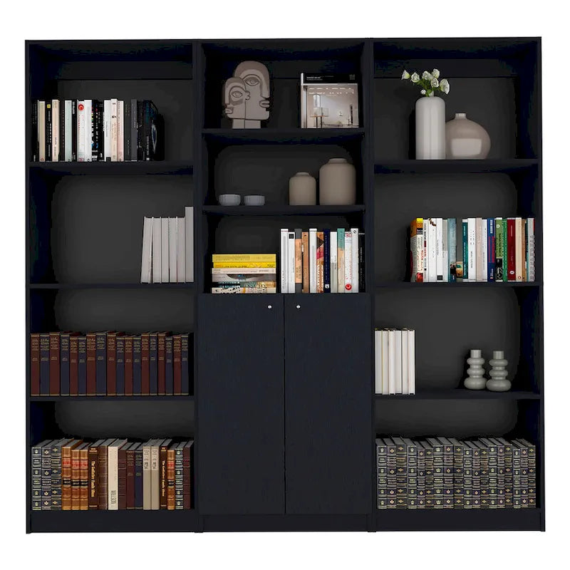 3-Piece Bookcase Set, 74" Wide, 5 Shelves + Cabinet, Multi / Beige / Black / White