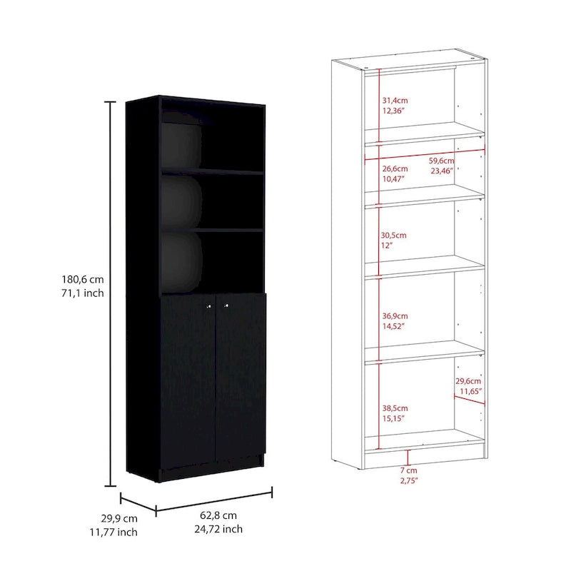 3-Piece Bookcase Set, 74" Wide, 5 Shelves + Cabinet, Multi / Beige / Black / White