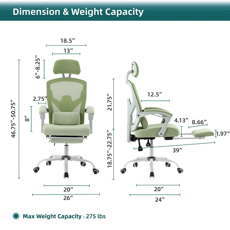 Black/Green High Back Mesh Office Chair with Reclining & Footrest, 1-Person