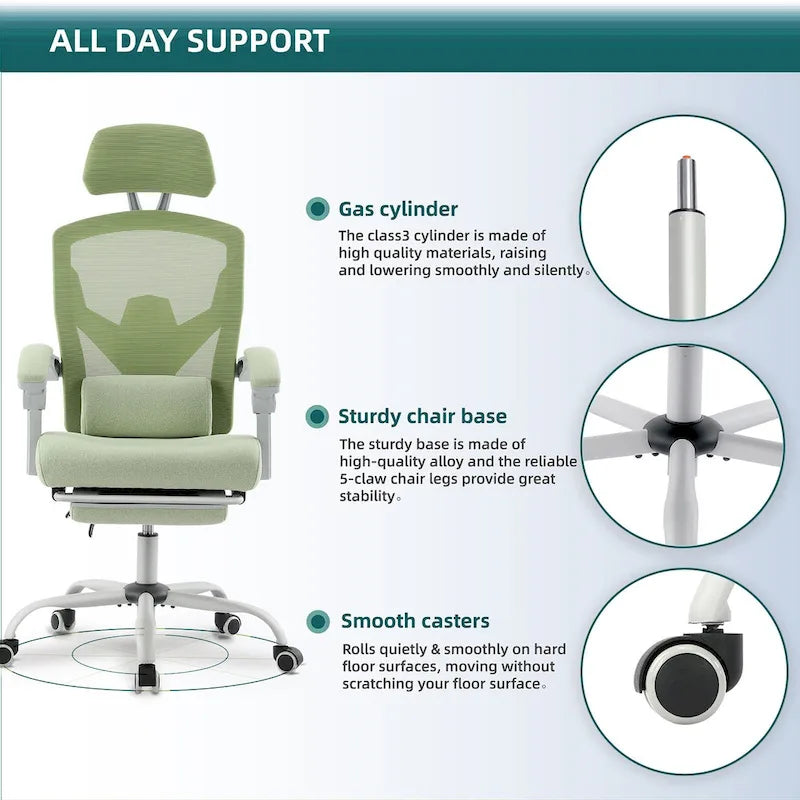 Black/Green High Back Mesh Office Chair with Reclining & Footrest, 1-Person