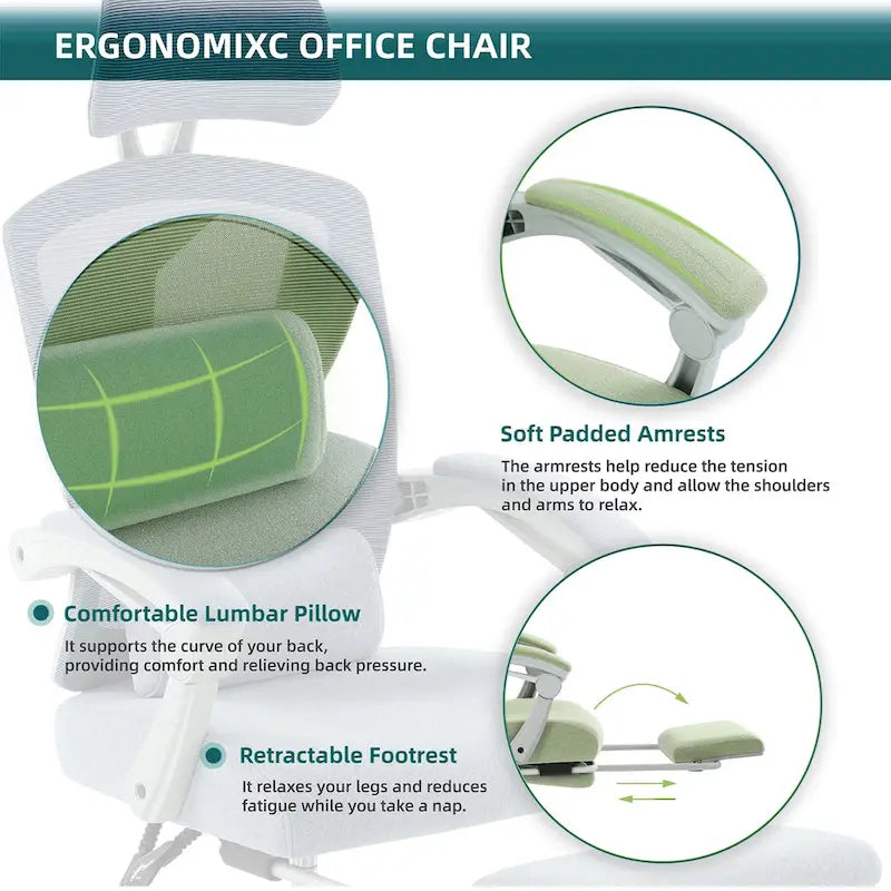 Black/Green High Back Mesh Office Chair with Reclining & Footrest, 1-Person
