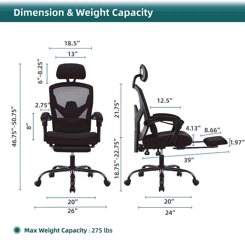 Black/Green High Back Mesh Office Chair with Reclining & Footrest, 1-Person