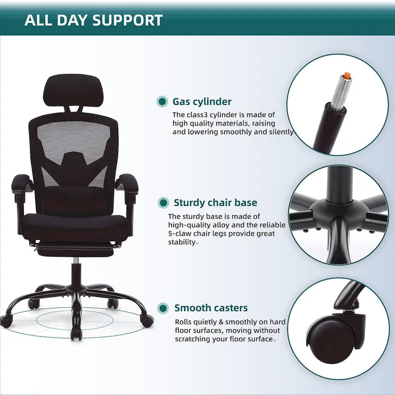 Black/Green High Back Mesh Office Chair with Reclining & Footrest, 1-Person