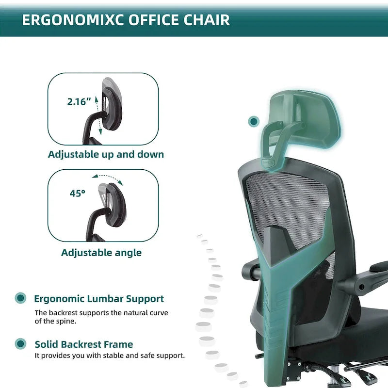 Black/Green High Back Mesh Office Chair with Reclining & Footrest, 1-Person