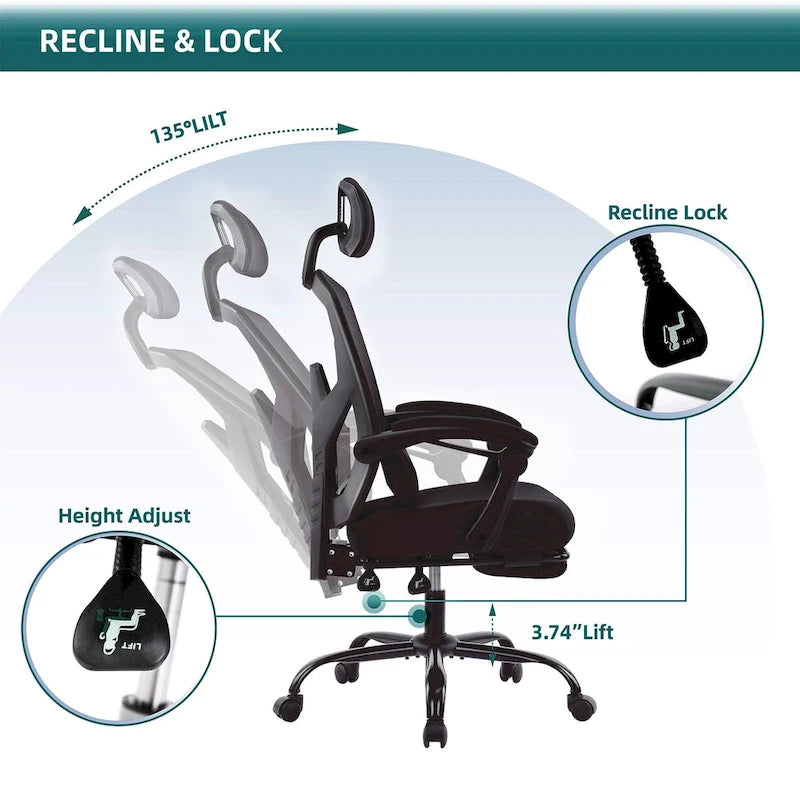 Black/Green High Back Mesh Office Chair with Reclining & Footrest, 1-Person