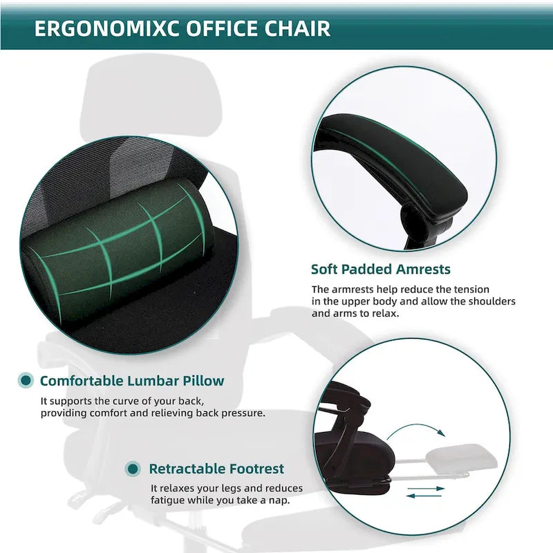 Black/Green High Back Mesh Office Chair with Reclining & Footrest, 1-Person