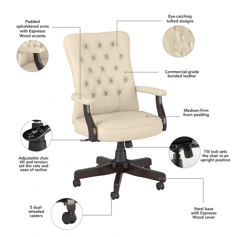 High Back Tufted Office Chair with Arms – Leather & Fabric, 6 Colors, 1-Person