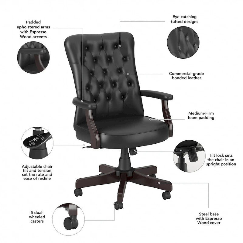 High Back Tufted Office Chair with Arms – Leather & Fabric, 6 Colors, 1-Person