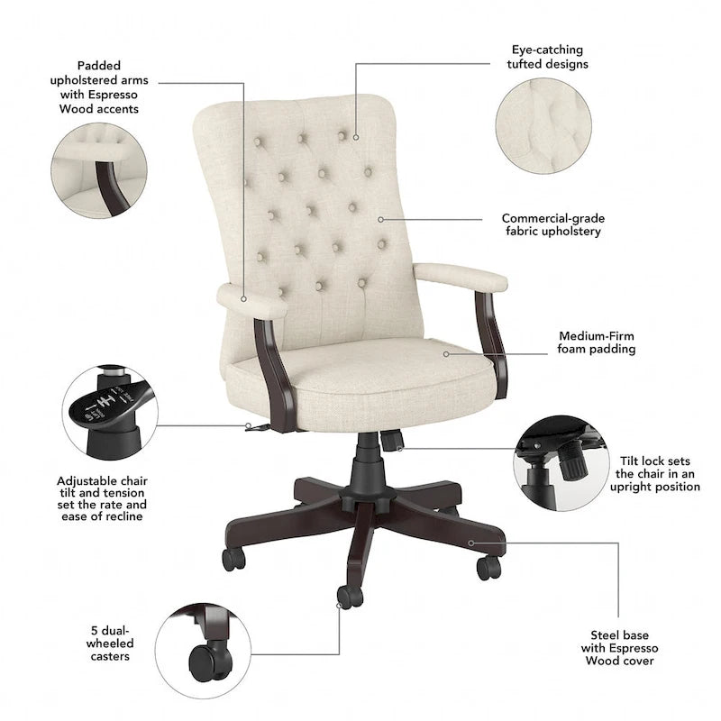 High Back Tufted Office Chair with Arms – Leather & Fabric, 6 Colors, 1-Person