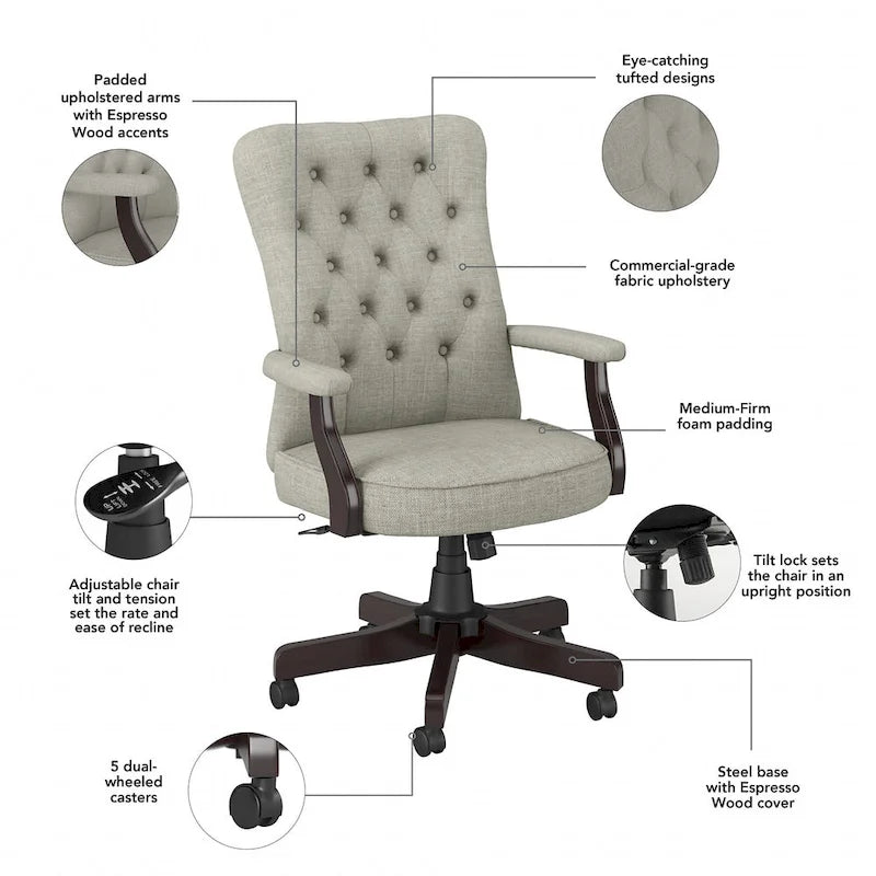 High Back Tufted Office Chair with Arms – Leather & Fabric, 6 Colors, 1-Person